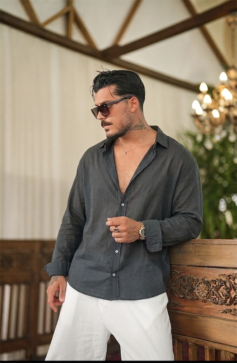 İnce Keten Oversize Gömlek Siyah