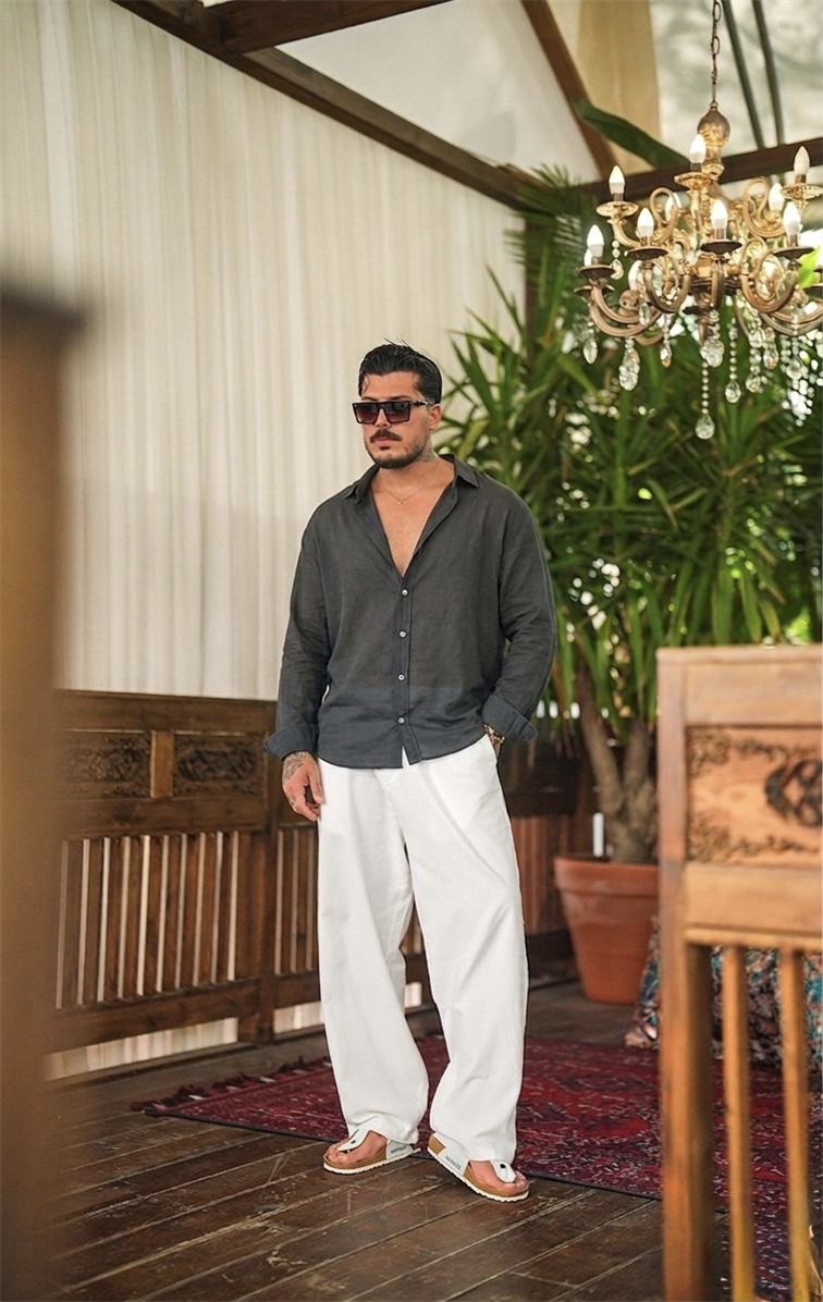 İnce Keten Oversize Gömlek Siyah