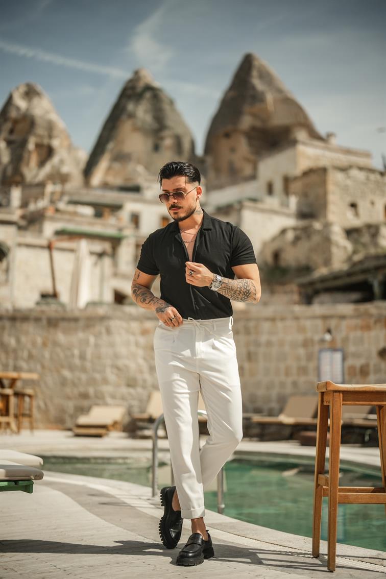 İnce Öremli Pamuklu Kısa Kol Gömlek Siyah