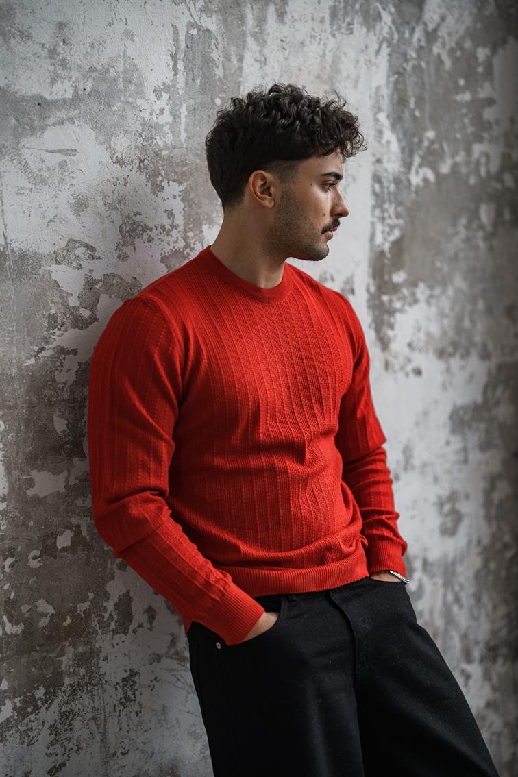 İşlemeli Basic Triko Kazak Kırmızı