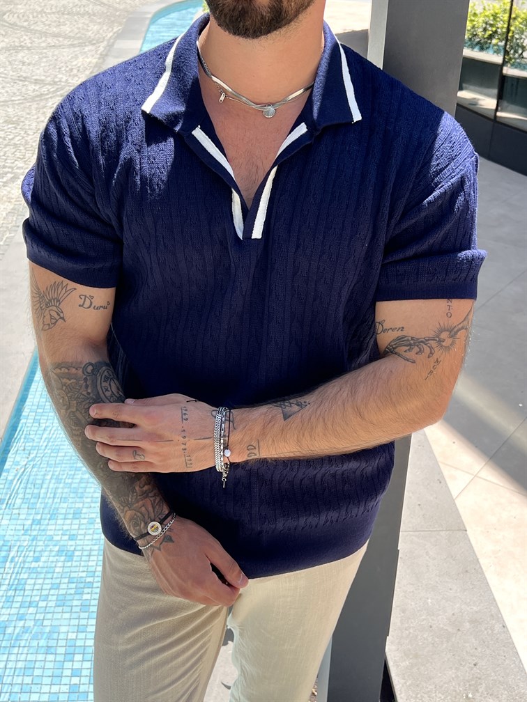 İşlemeli Polo Yaka Oversize Triko Tshirt Lacivert
