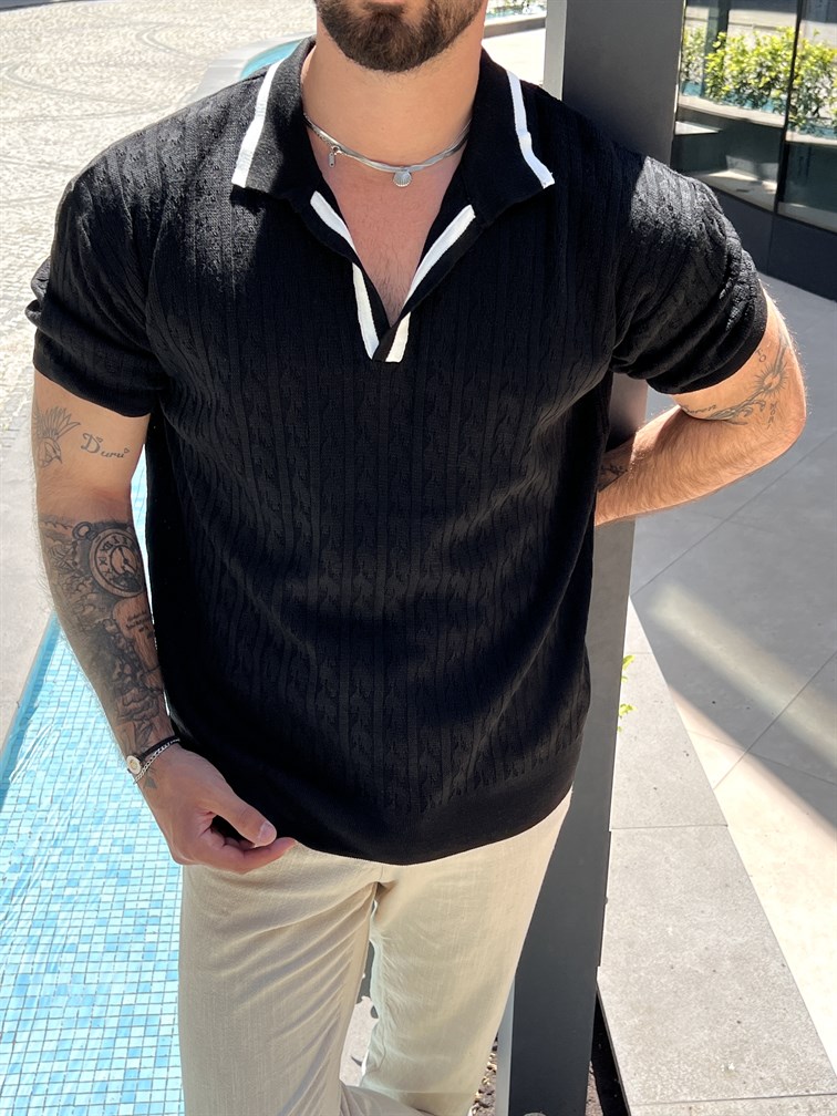 İşlemeli Polo Yaka Oversize Triko Tshirt Siyah