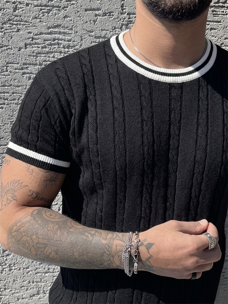 İşlemeli Renk Detay Triko Tshirt Siyah