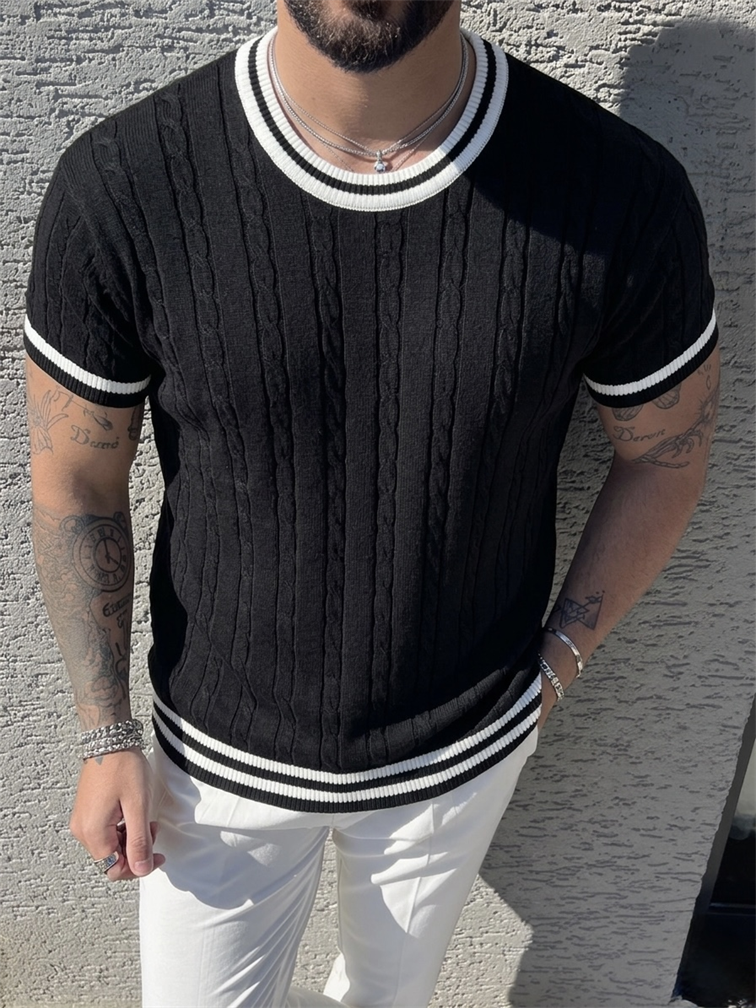 İşlemeli Renk Detay Triko Tshirt Siyah