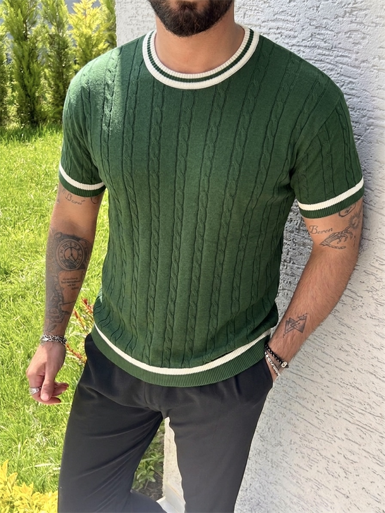 İşlemeli Renk Detay Triko Tshirt Yeşil