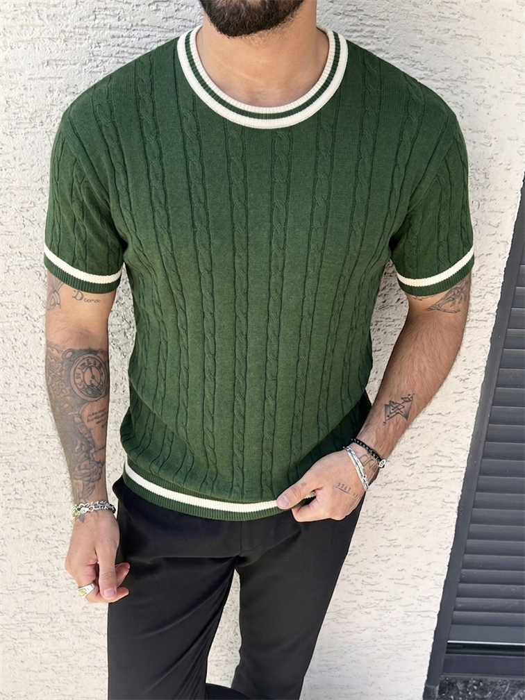 İşlemeli Renk Detay Triko Tshirt Yeşil