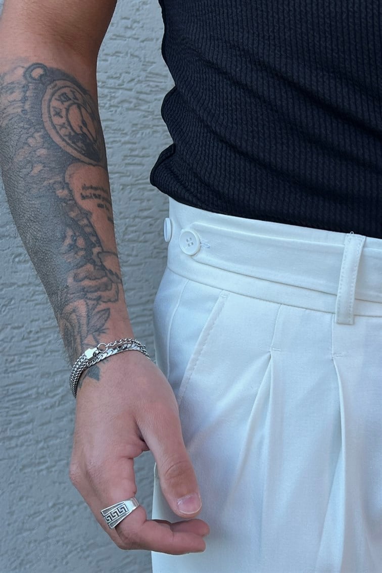 İtalyan Kesim Modern Kemerli Pantolon Beyaz