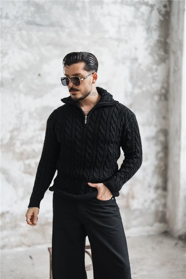 Kabartma Örmeli Fermuarlı Kazak Siyah