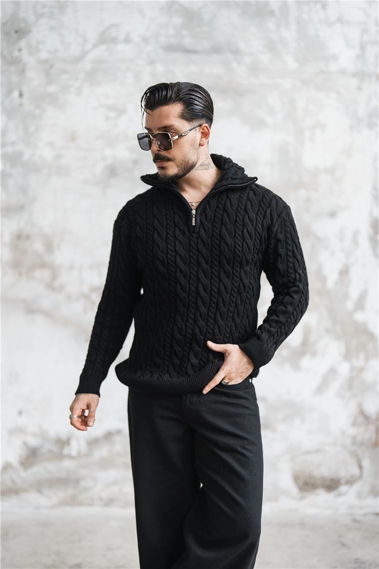 Kabartma Örmeli Fermuarlı Kazak Siyah