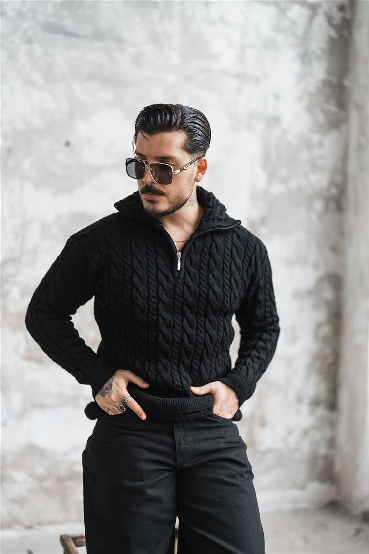 Kabartma Örmeli Fermuarlı Kazak Siyah