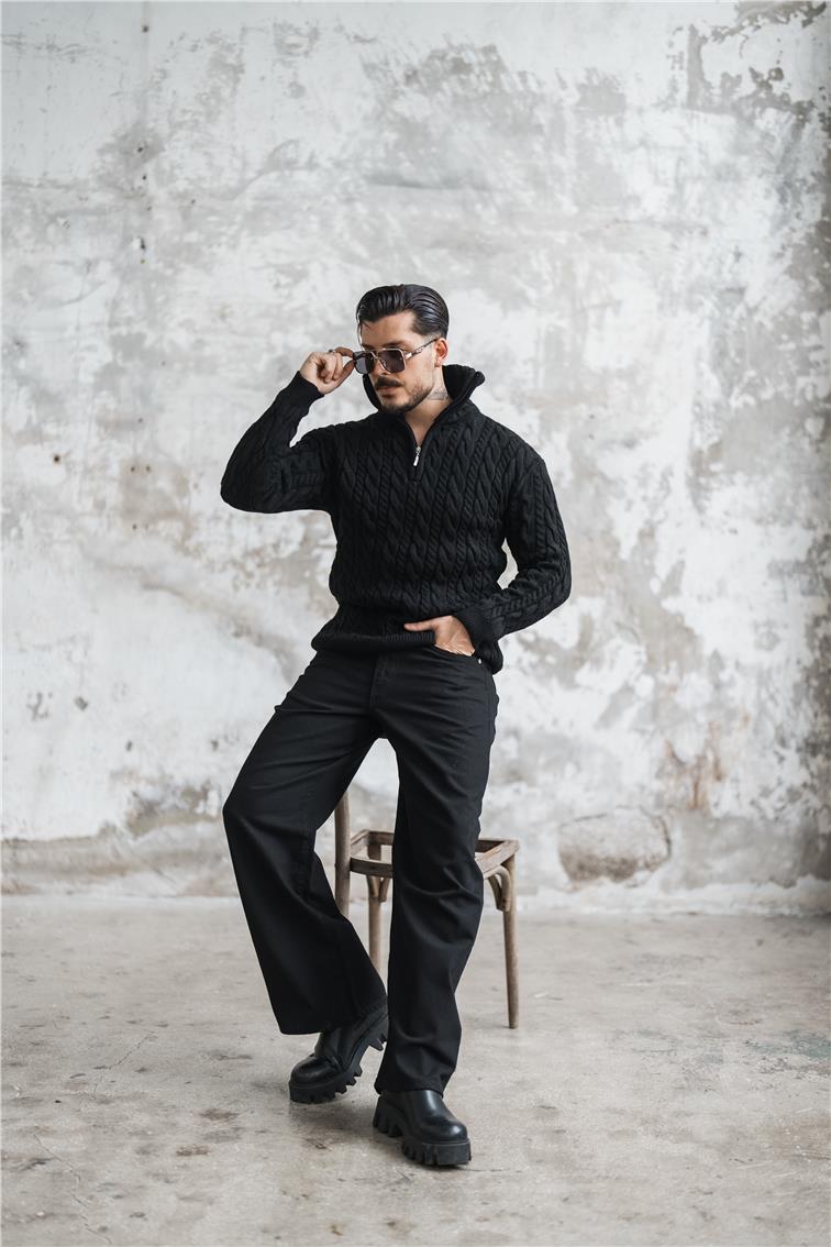 Kabartma Örmeli Fermuarlı Kazak Siyah