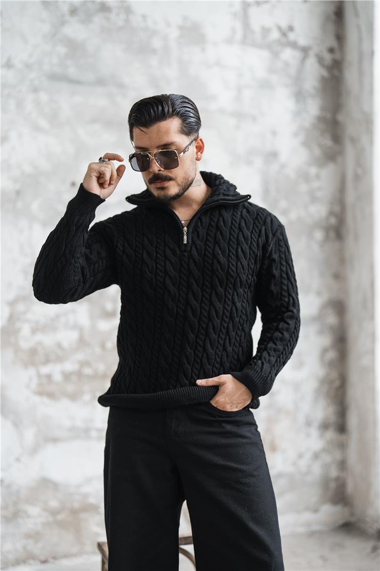 Kabartma Örmeli Fermuarlı Kazak Siyah