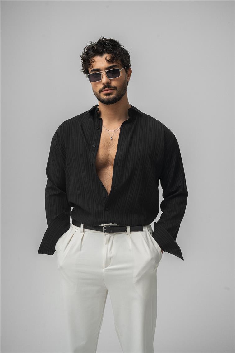 Kabartmalı Kumaş  Oversize Gömlek Siyah