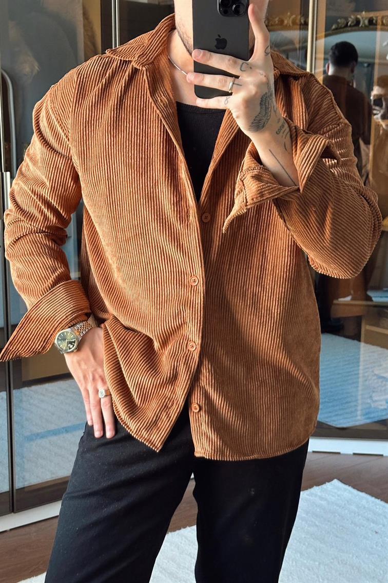 Kadife Oversize Gömlek Tarçın