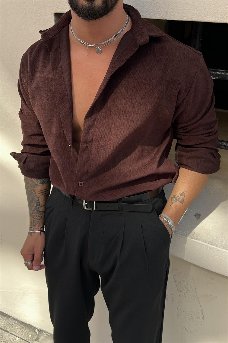 Kadife Regular Fit Gömlek Kahve