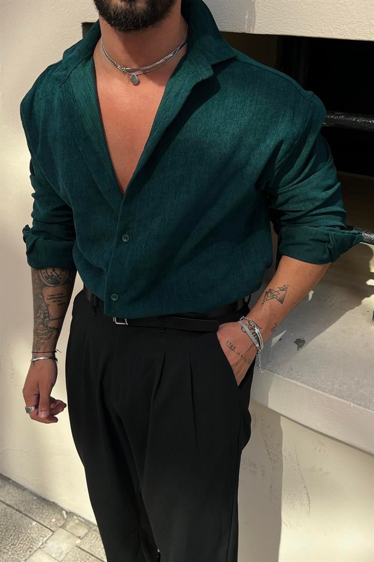 Kadife Regular Fit Gömlek Zümrüt Yeşili