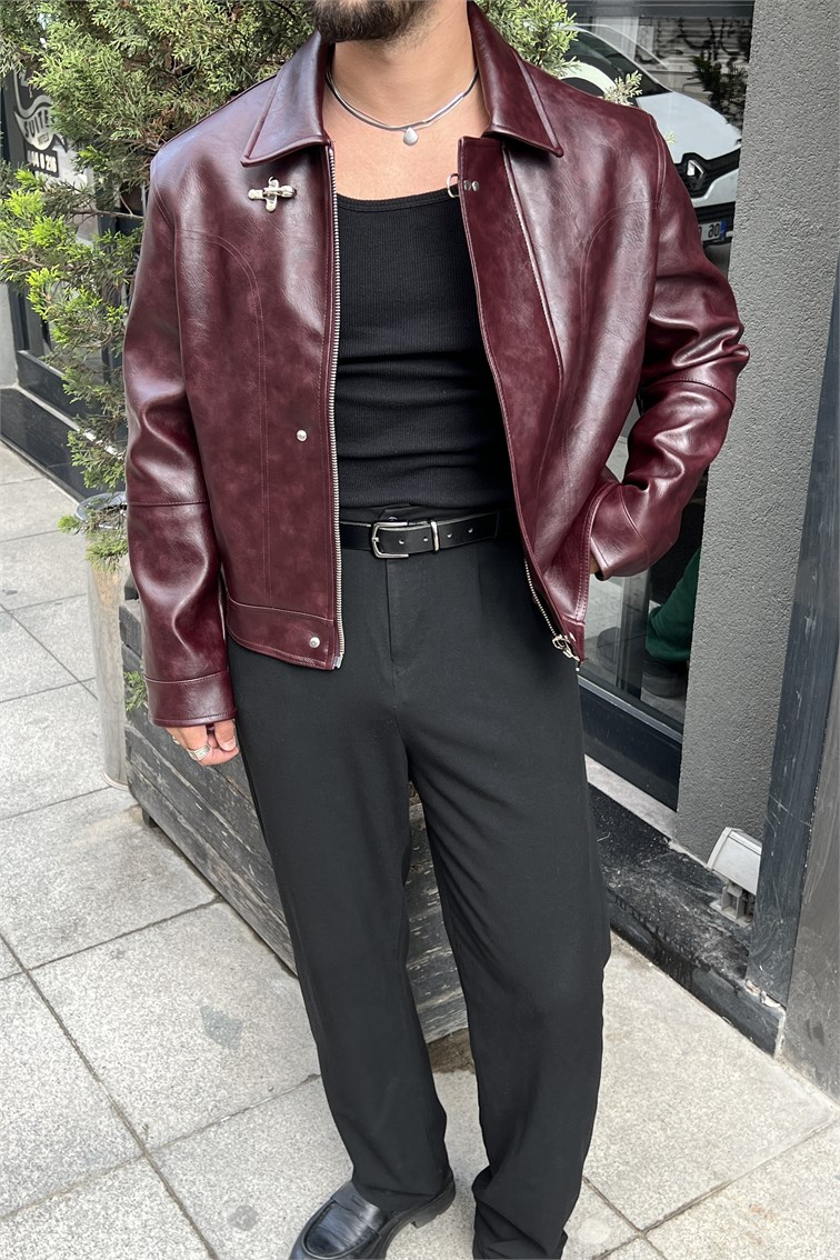 Kanca Kapama Detay Vintage Box Fit Deri Ceket Bordo