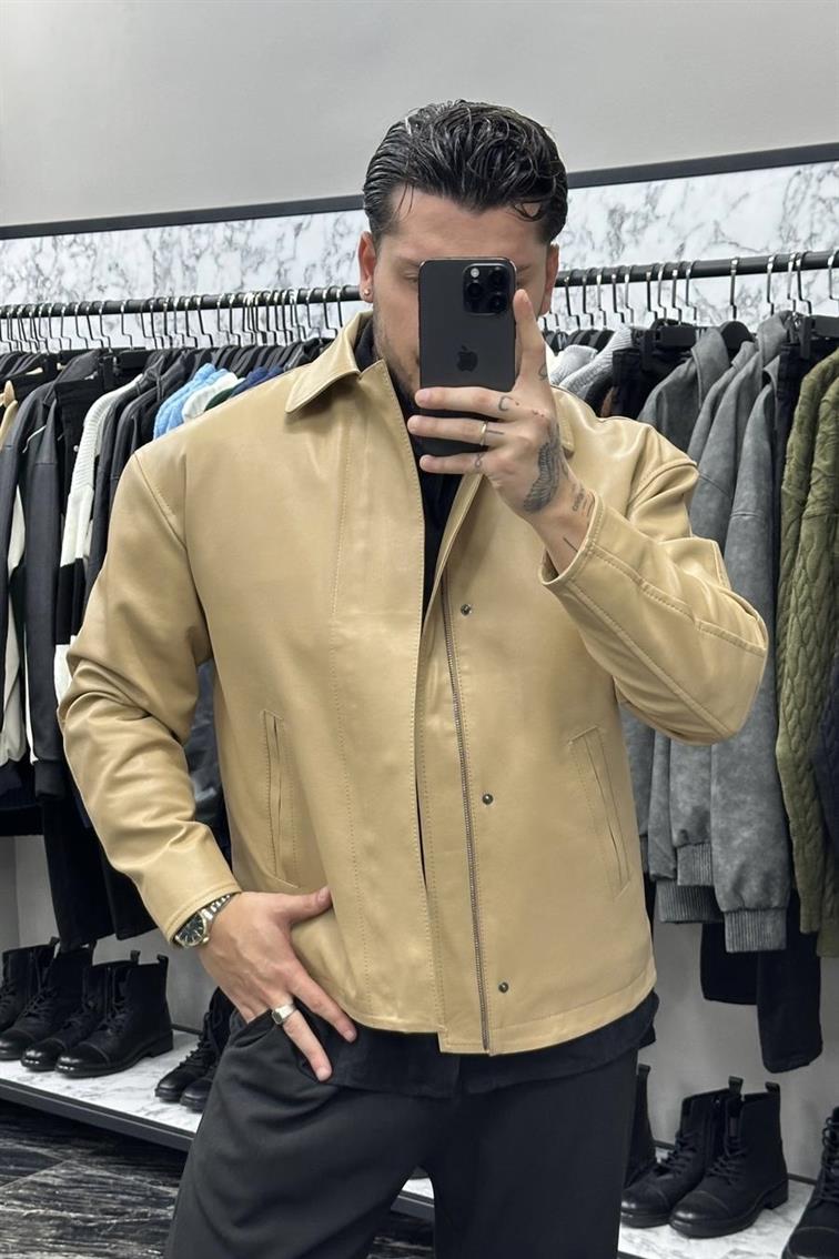 Kapamalı İçi Kapitone Deri Ceket Camel