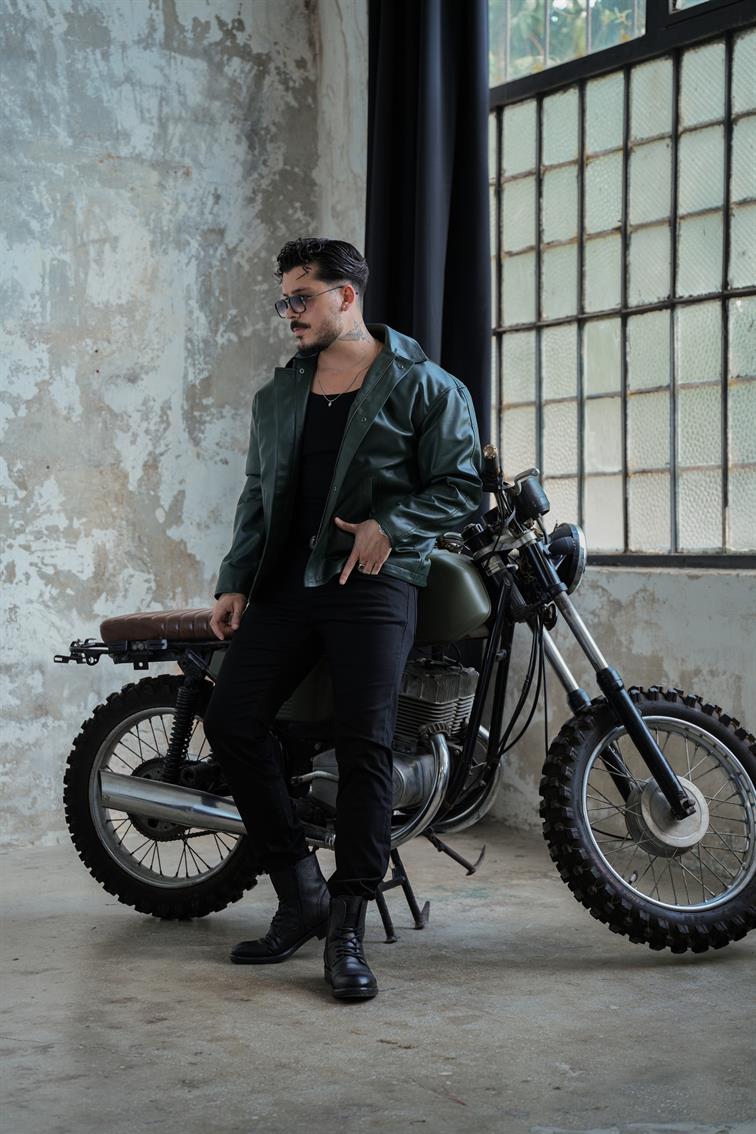 Kapamalı İçi Kapitone Deri Ceket Koyu Yeşil