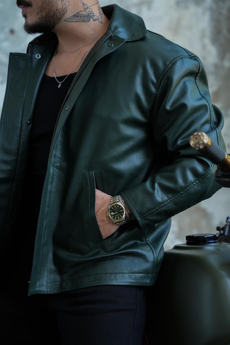 Kapamalı İçi Kapitone Deri Ceket Koyu Yeşil