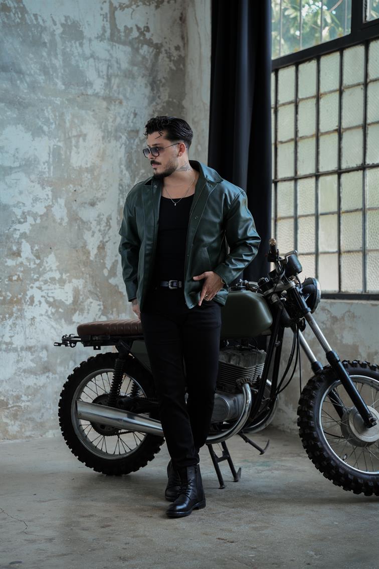 Kapamalı İçi Kapitone Deri Ceket Koyu Yeşil