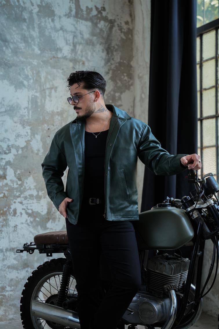 Kapamalı İçi Kapitone Deri Ceket Koyu Yeşil