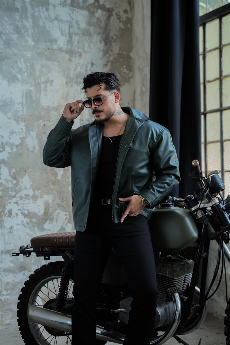 Kapamalı İçi Kapitone Deri Ceket Koyu Yeşil