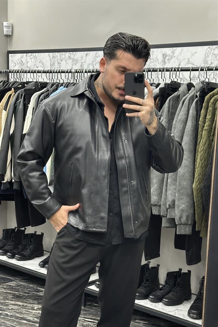 Kapamalı İçi Kapitone Deri Ceket Siyah