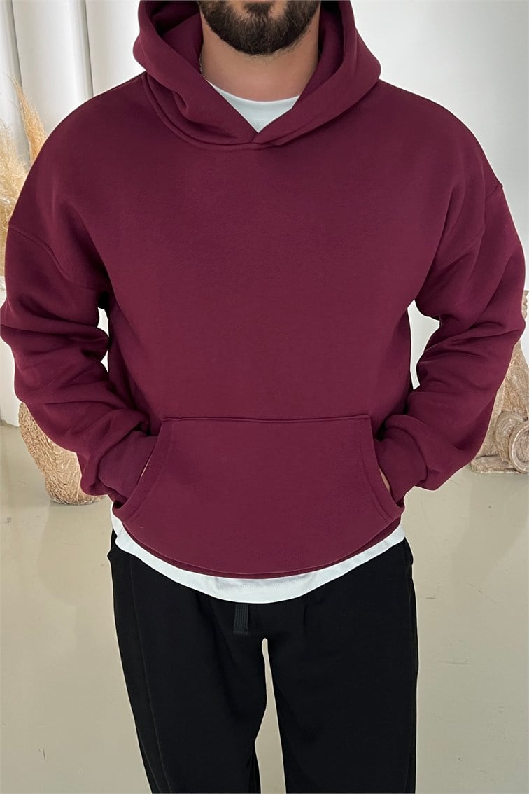 Kapüşonlu Basic Oversize Sweatshirt Bordo