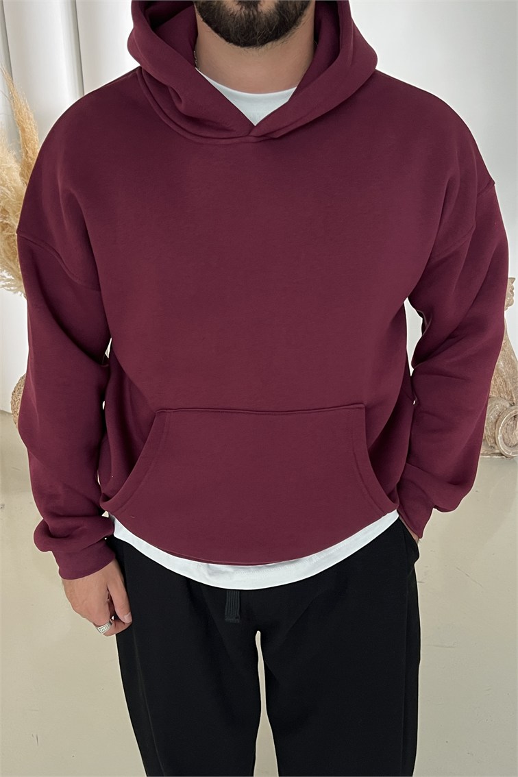Kapüşonlu Basic Oversize Sweatshirt Bordo