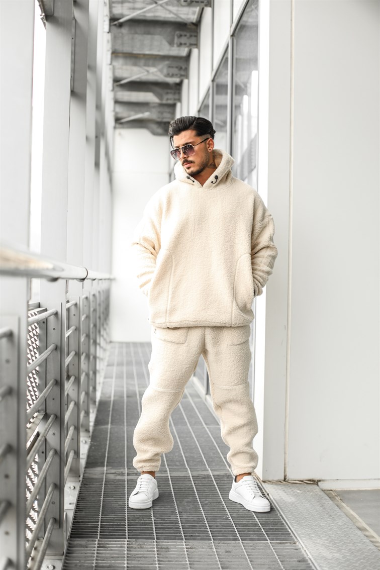 Kapüşonlu Oversize Peluş Sweatshirt Ekru