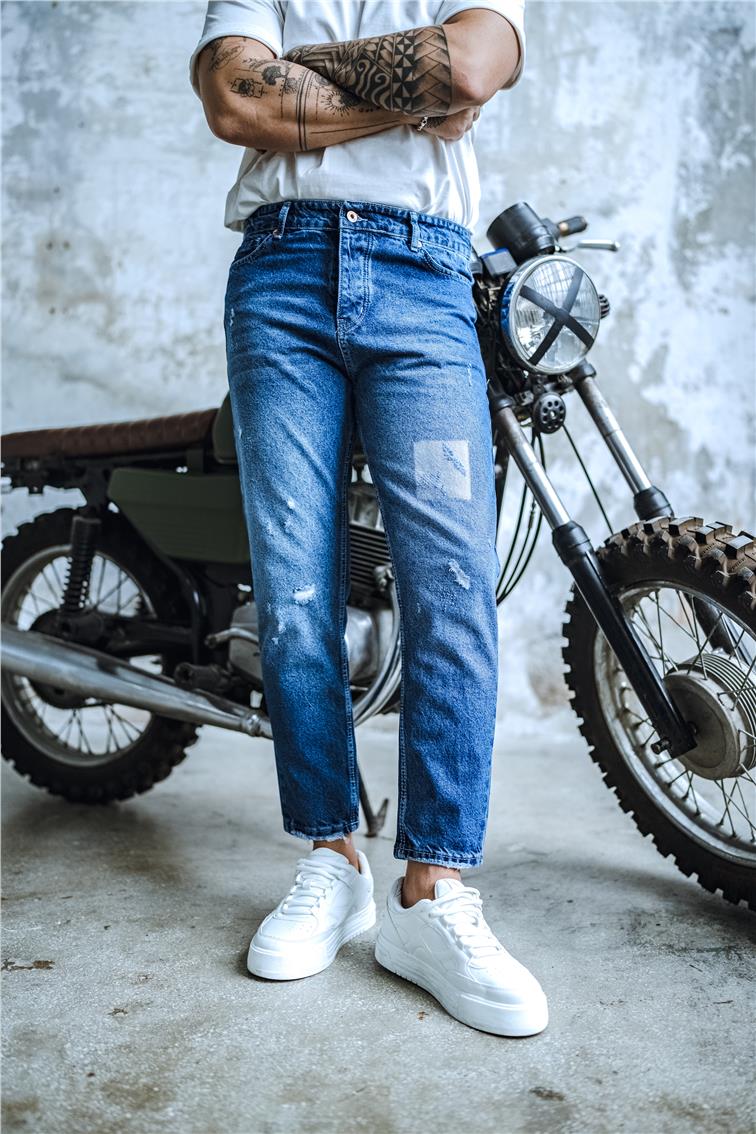 Kare Taşlamalı Boyfriend Jean Koyu Mavi