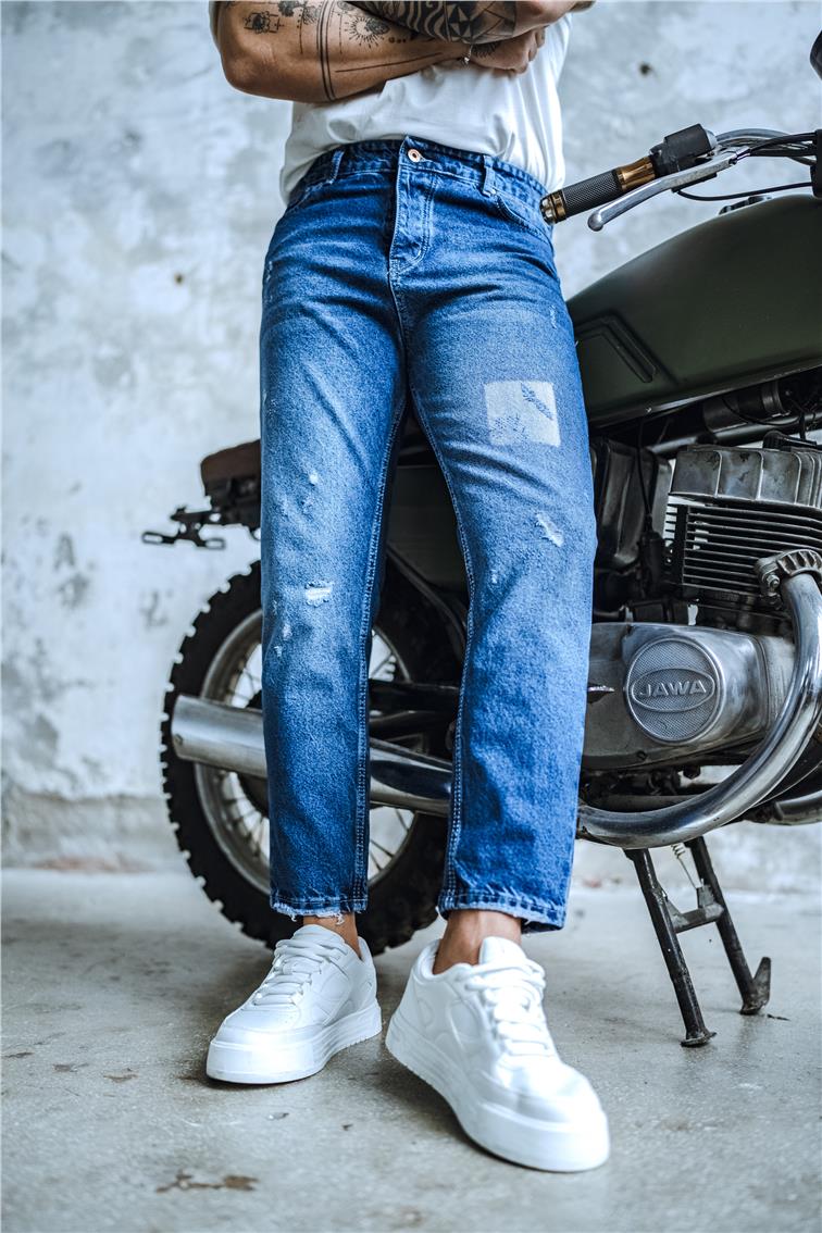 Kare Taşlamalı Boyfriend Jean Koyu Mavi