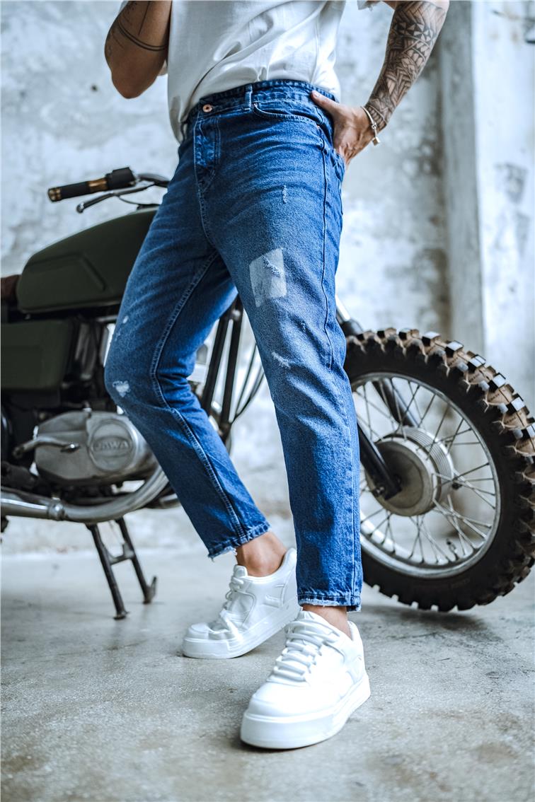 Kare Taşlamalı Boyfriend Jean Koyu Mavi