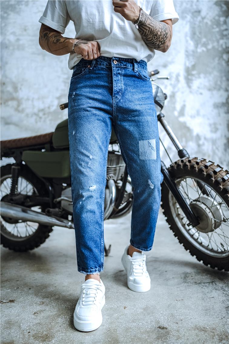 Kare Taşlamalı Boyfriend Jean Koyu Mavi