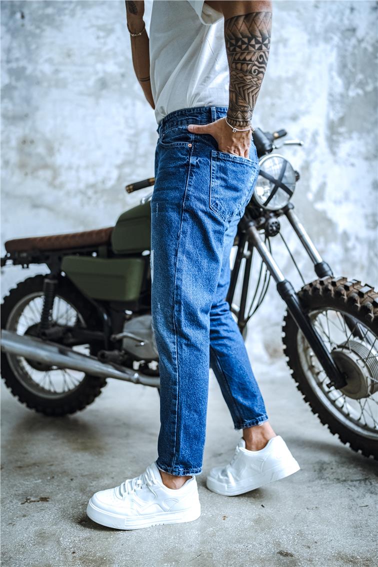 Kare Taşlamalı Boyfriend Jean Koyu Mavi