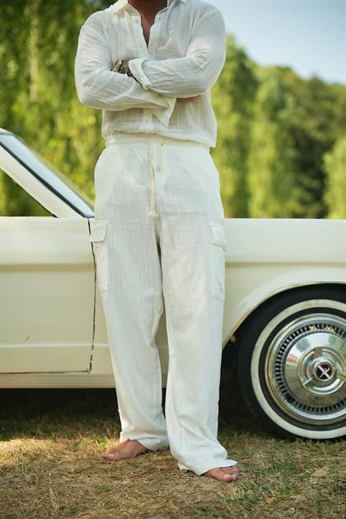 Kargo Cep Keten Bol Pantolon Beyaz