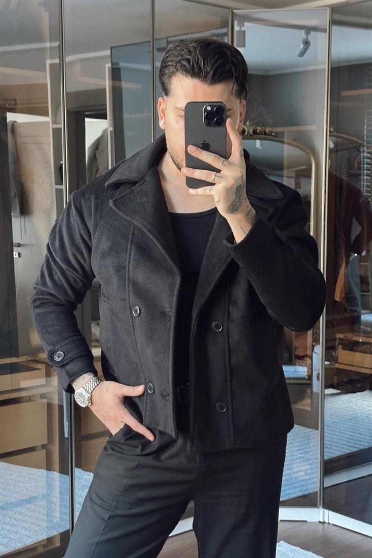 Kaşe Kruvaze Box Fix Ceket Siyah