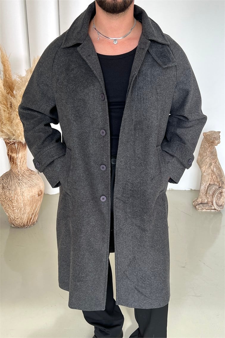 Kaşe Oversize Uzun Kaban Antrasit