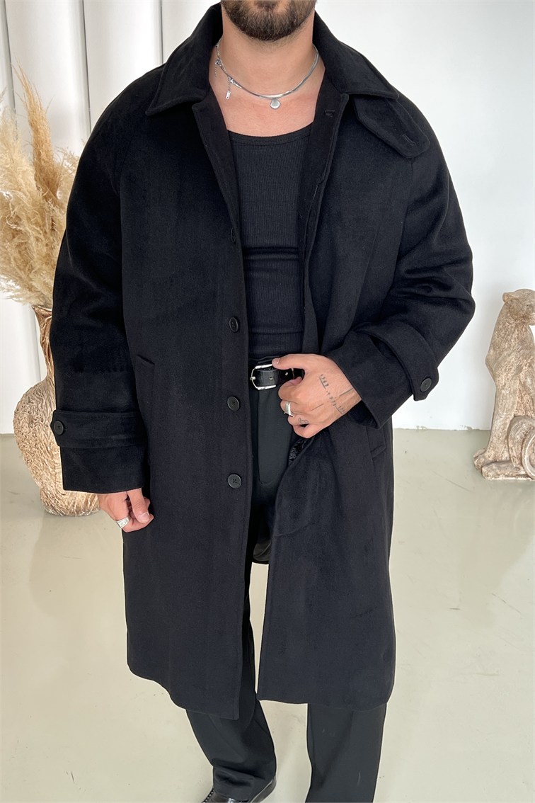 Kaşe Oversize Uzun Kaban Siyah