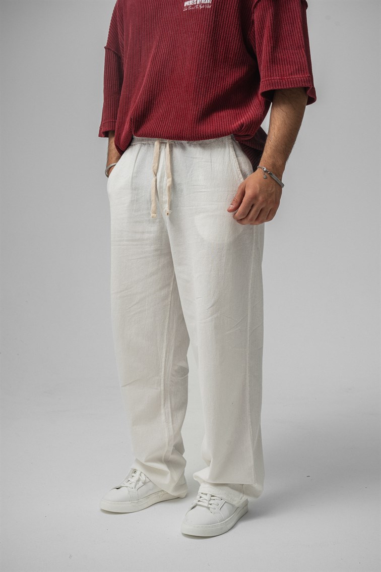 Keten Baggy Pantolon Beyaz