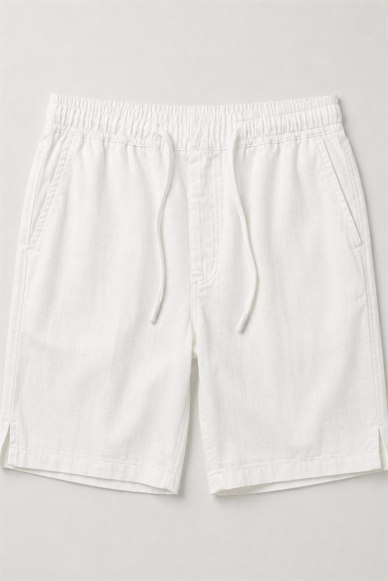 Keten Beli Lastikli  Oversize Şort Beyaz