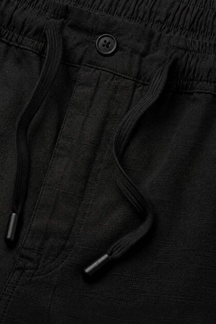 Keten Beli Lastikli  Oversize Şort Siyah