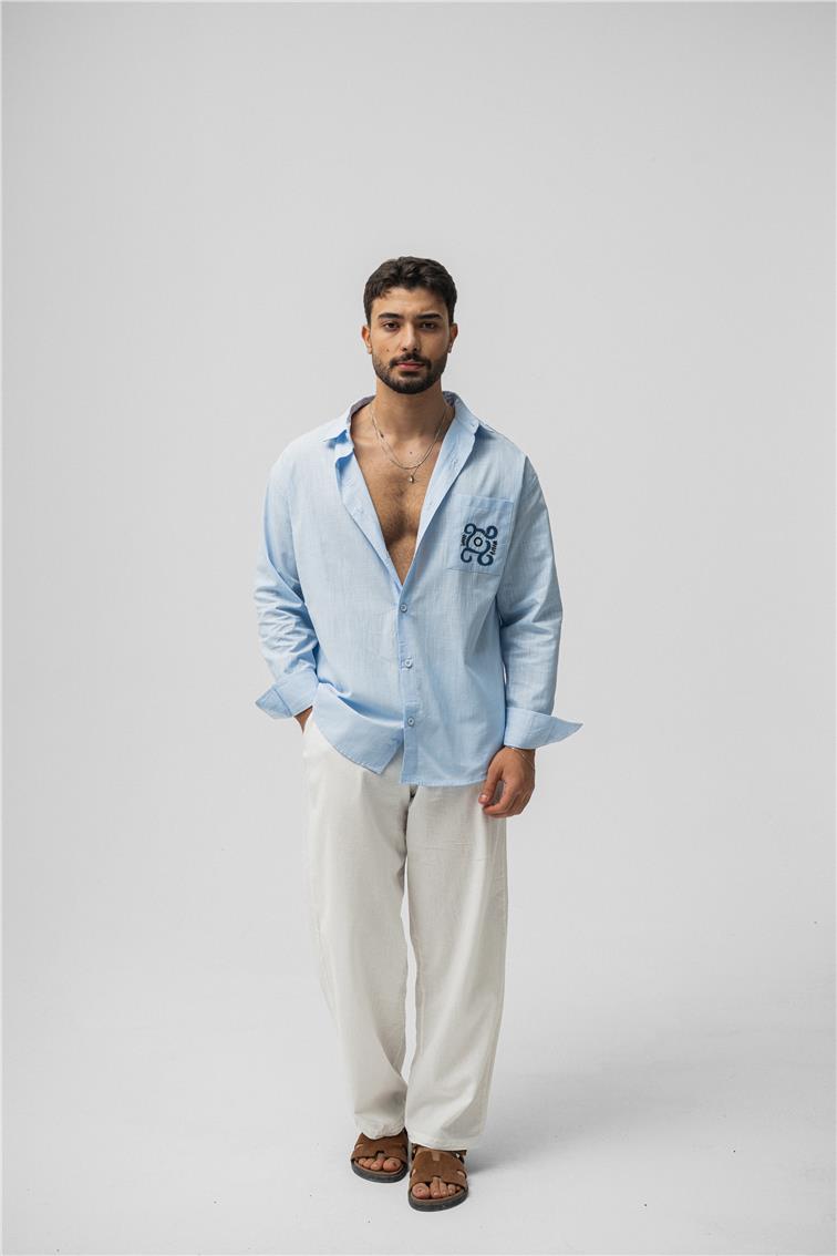 Keten Cep Detay Oversize Gömlek Açık Mavi