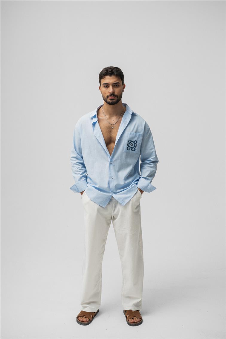 Keten Cep Detay Oversize Gömlek Açık Mavi