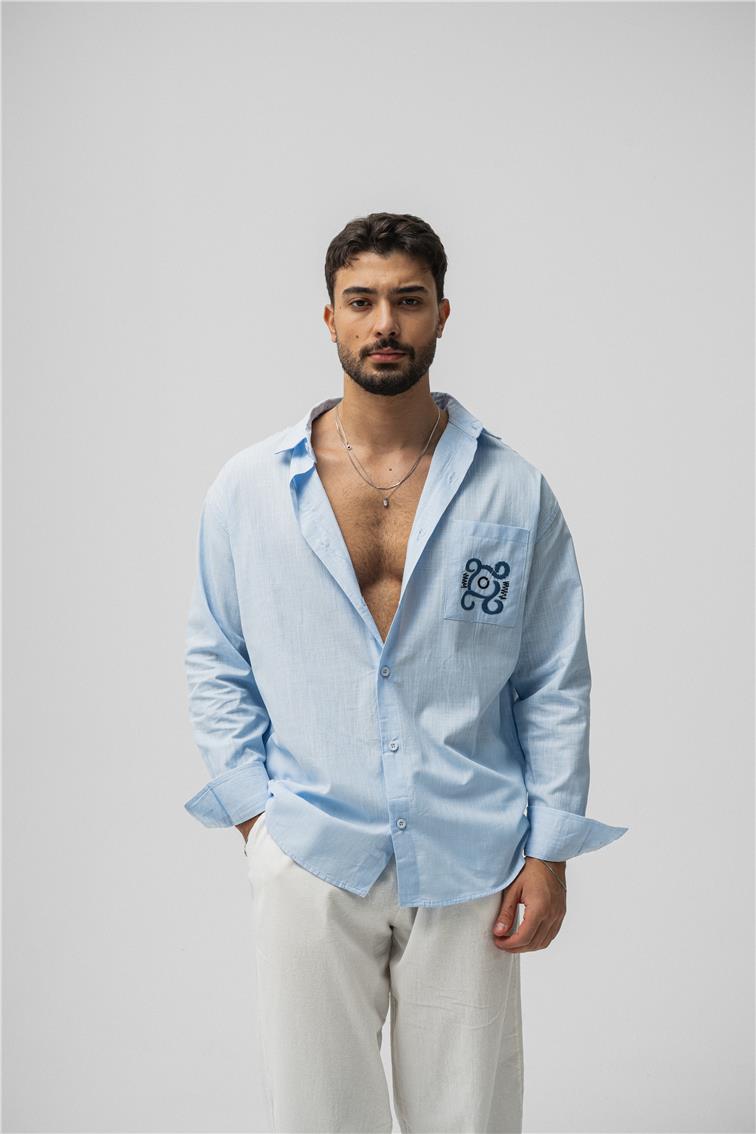 Keten Cep Detay Oversize Gömlek Açık Mavi
