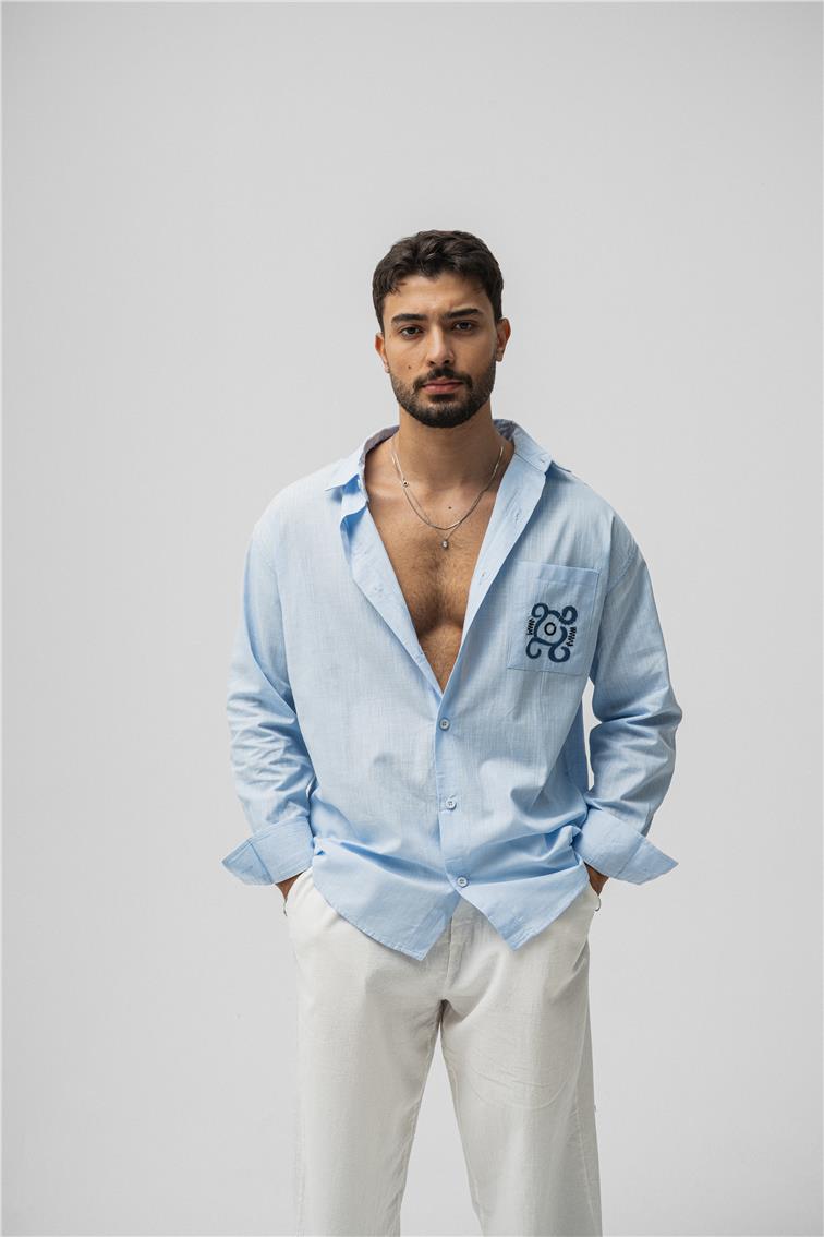 Keten Cep Detay Oversize Gömlek Açık Mavi