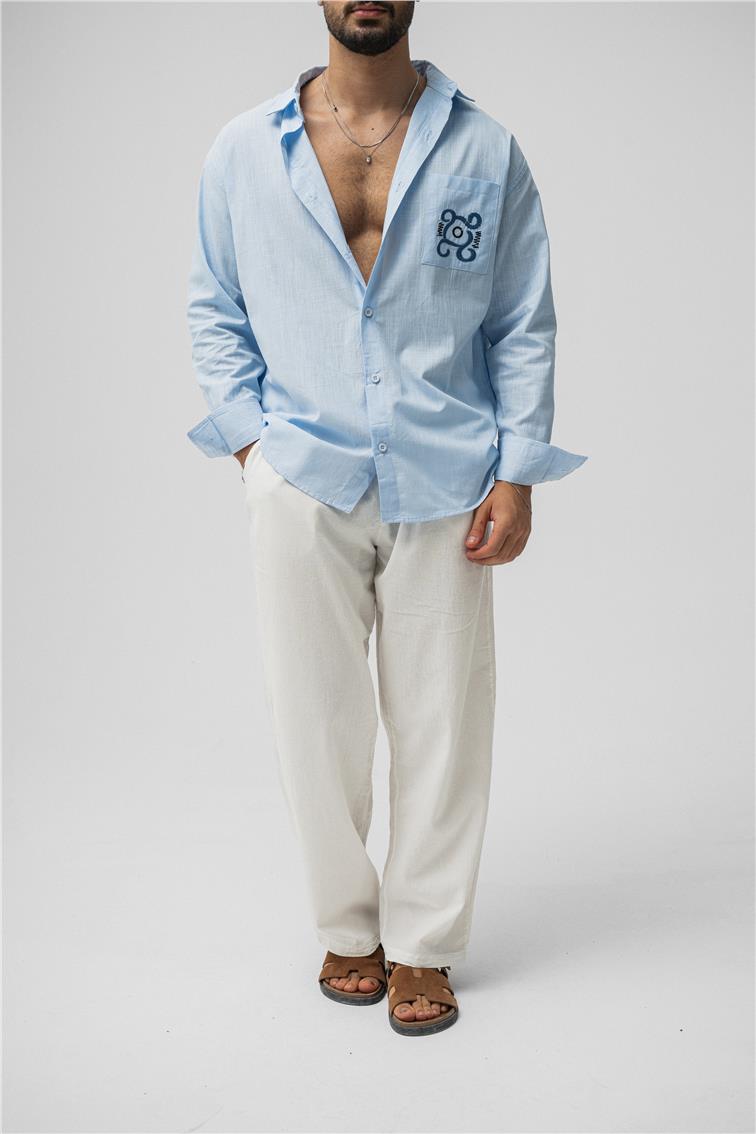 Keten Cep Detay Oversize Gömlek Açık Mavi