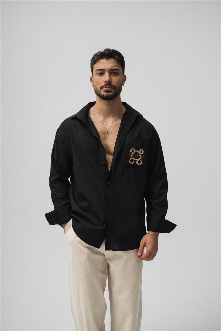 Keten Cep Detay Oversize Gömlek Siyah
