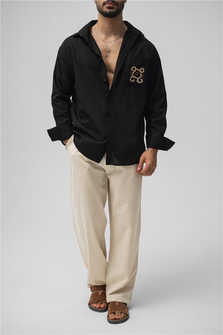 Keten Cep Detay Oversize Gömlek Siyah